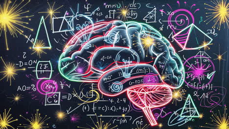 glowing neon brain with mathematical equations and scientific symbols