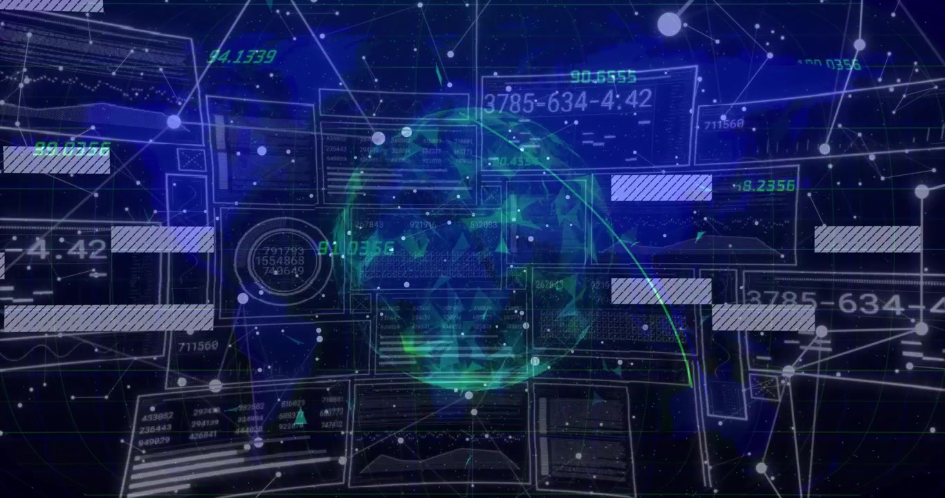 Sphere materializing over grid sending sliding data bars stacking around pulsing sphere for insight