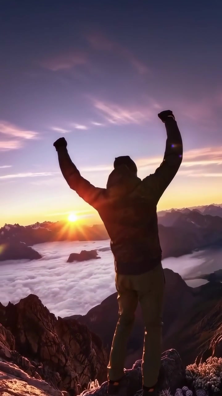 Uomo che celebra il successo sulla cima di una montagna all'alba sopra le nuvole