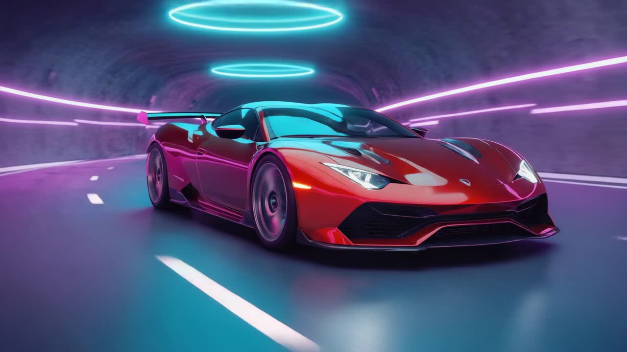 Red Sports Car in Neon Tunnel
