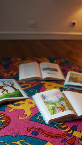 open children's books on a colorful carpet