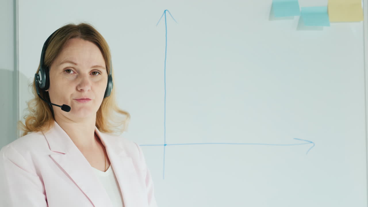 entrenador de negocios en auriculares dibuja diagrama a bordo