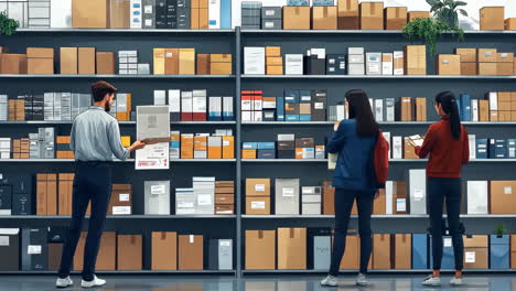 people exploring a modern storage room filled with packages and boxes