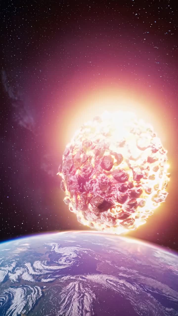 A dramatic video still of a fiery meteor streaking towards Earth, captured from a high-angle view