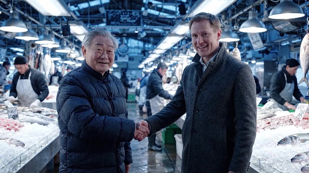 Fesselnde Begegnung auf einem belebten Fischmarkt: Ein gemeinsamer Moment zwischen zwei Personen inmitten von frischen Meeresfrüchten und geschäftigen Händlern in einer lebhaften Atmosphäre.