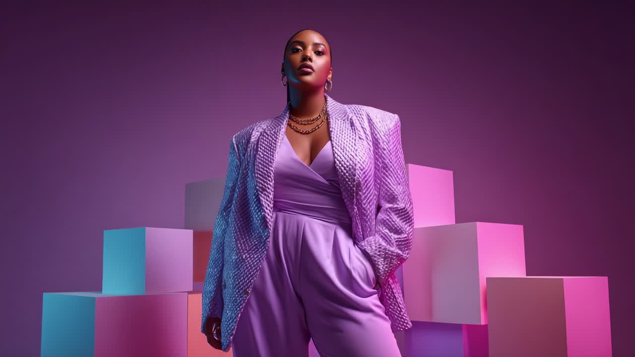 Stylish Fashion Portrait of Confident Woman in Elegant Ensemble Posing Against Colorful Geometric Background with Soft Lighting and Modern Aesthetic