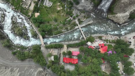 Drone-shot-bird's-eye-view-of-Mantoka-waterfall-Skardu