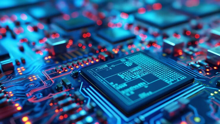 Displaying a complex electronic circuit board, featuring a glowing microchip actively processing data, embodies advanced technology within a vibrant, futuristic environment