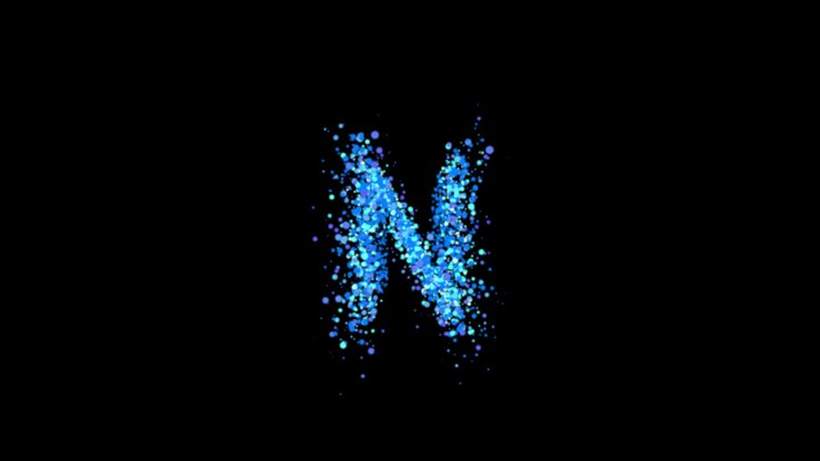Bolle di particelle blu che formano la lettera N su sfondo trasparente