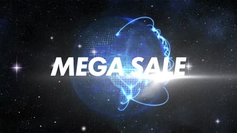 Animation-of-mega-sale-text-banner-against-glowing-light-trails-over-spinning-globe-in-space