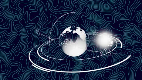 Animation-of-globe-over-black-background-with-isohypses