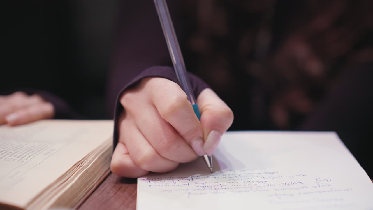 Close up of woman hand writing with blue pen featuring silver tip on white notepad beside open book. Neatly manicured nails and sleeve partially cover fingers, showing calm and focused motion