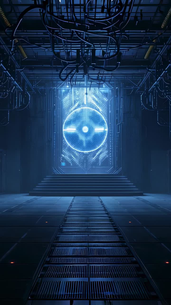 Vertical video: At start camera dollying along walkway in chamber toward glowing portal and cables