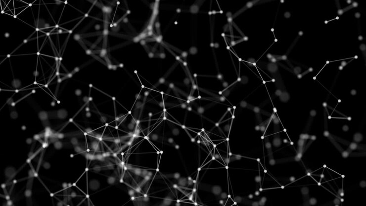 Animazione 3D di forme astratte di plexus bianche su sfondo nero. Punti e linee connesse in movimento continuo. 60FPS.