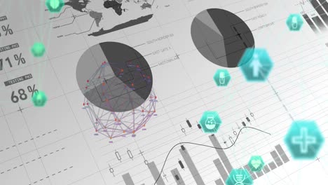 Globe-of-medical-icons-and-network-of-connections-against-statistical-data-processing