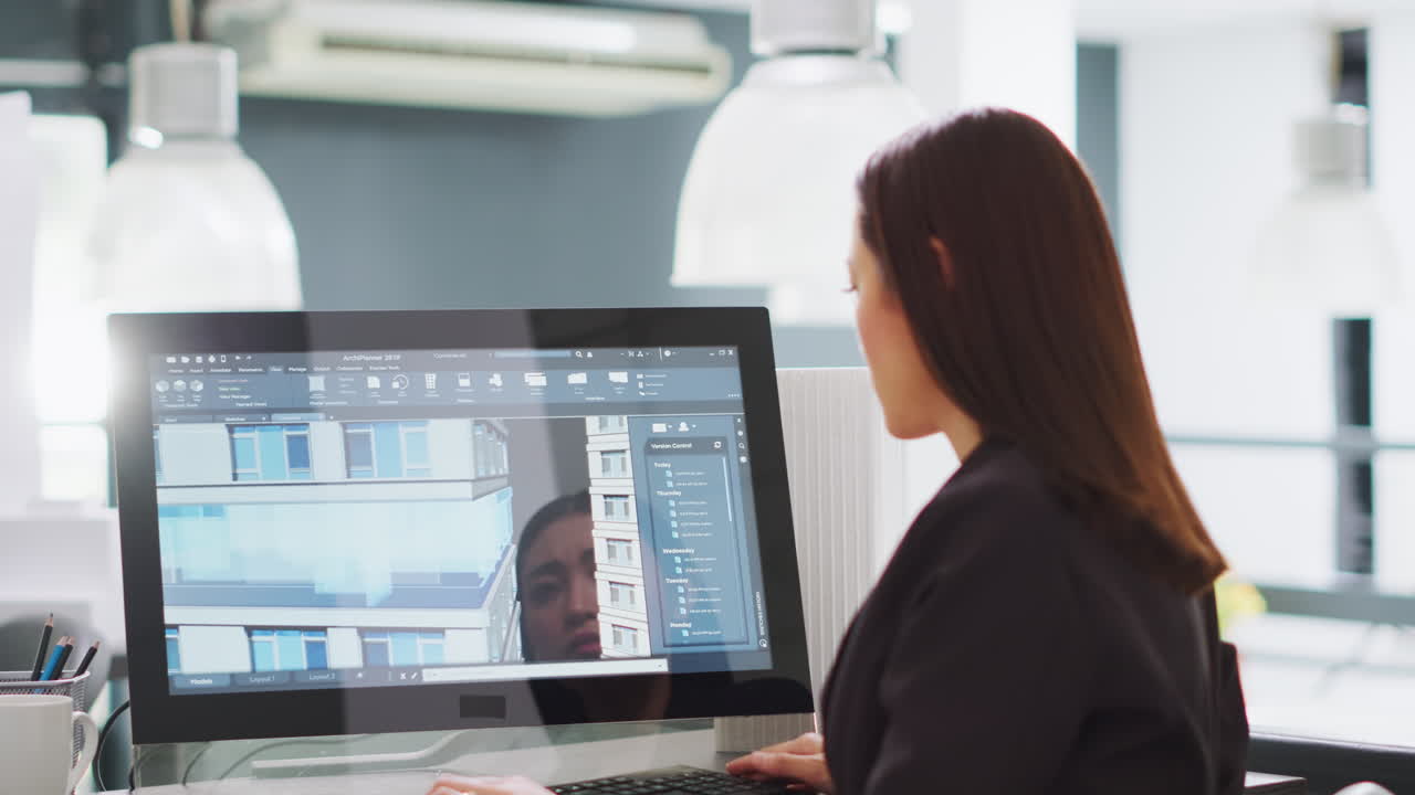 크리에이티브 디자이너는 3d 소프트웨어로 건물 모델을 설계합니다.