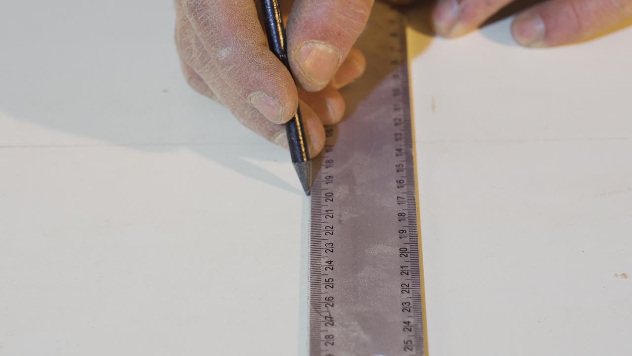 Carpenter's Hands Measures the board with a ruler.