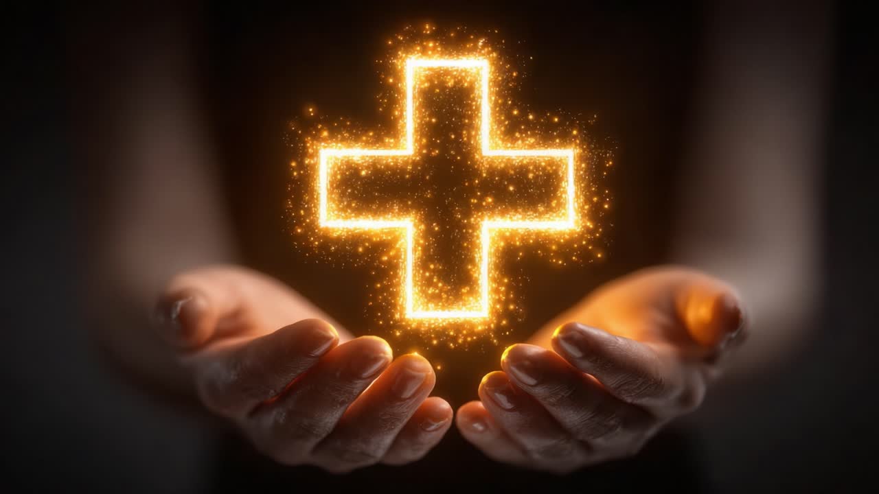 A person holds a glowing golden cross symbol that represents health and healing, illuminated against a dark background, symbolizing care and compassion in healthcare