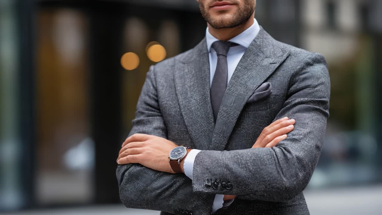 A Confident Businessman in a Tailored Suit, Features a Smart Watch, Standing with Arms Crossed in Front of a Modern Urban Background with Blurred Lights