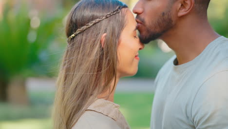 forehead touch, love or happy couple at park