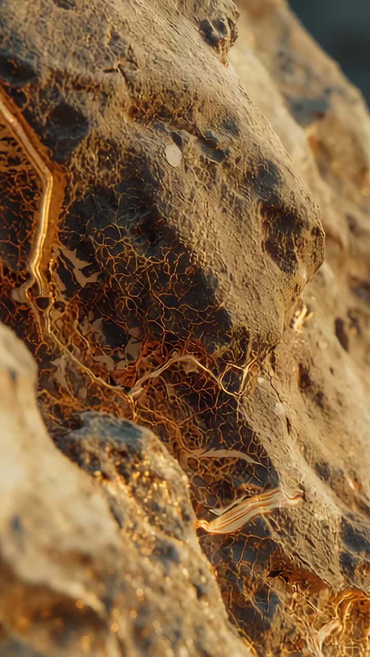 Vertical video: Panning camera exploring pitted rock face with orange filaments and white shell
