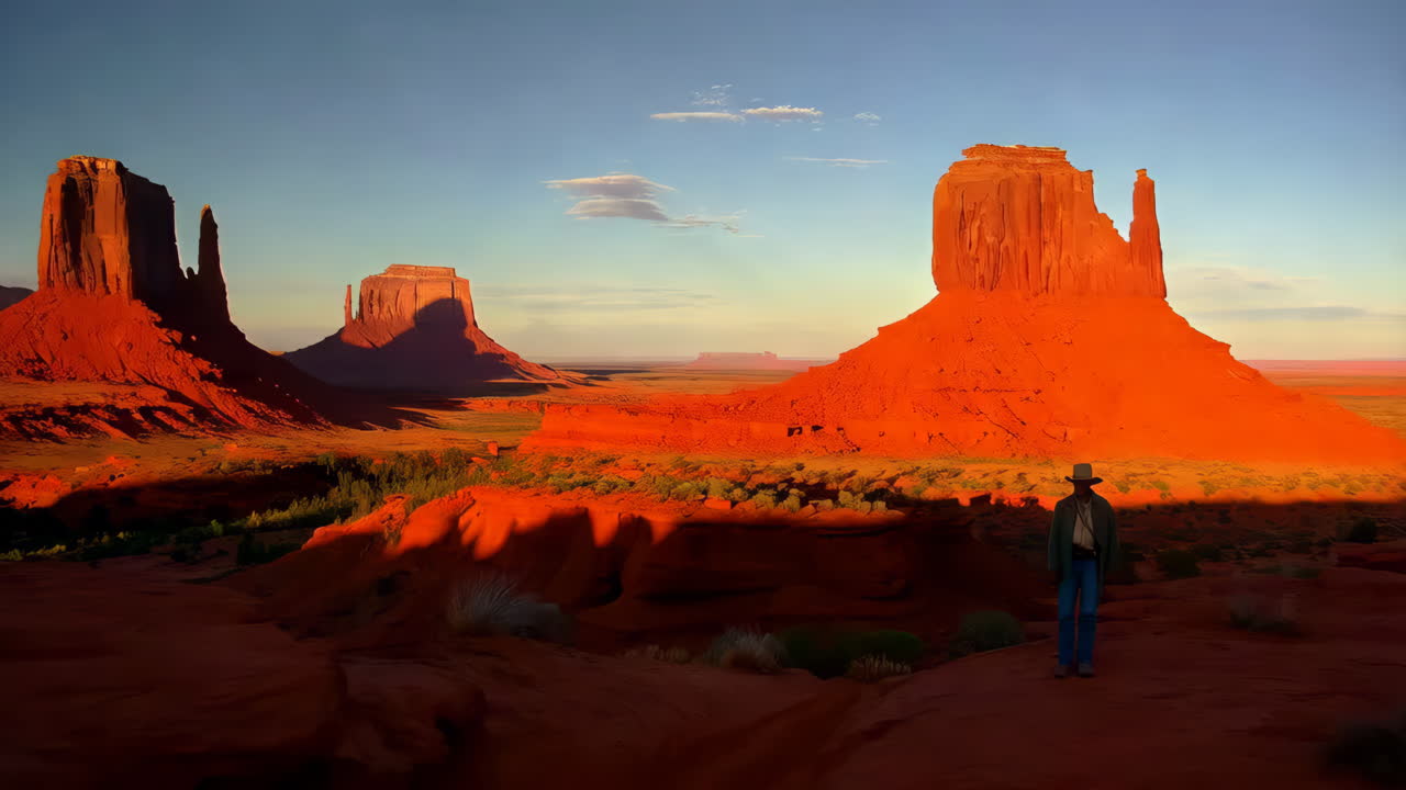 Cowboy ved solnedgang i Monument Valley