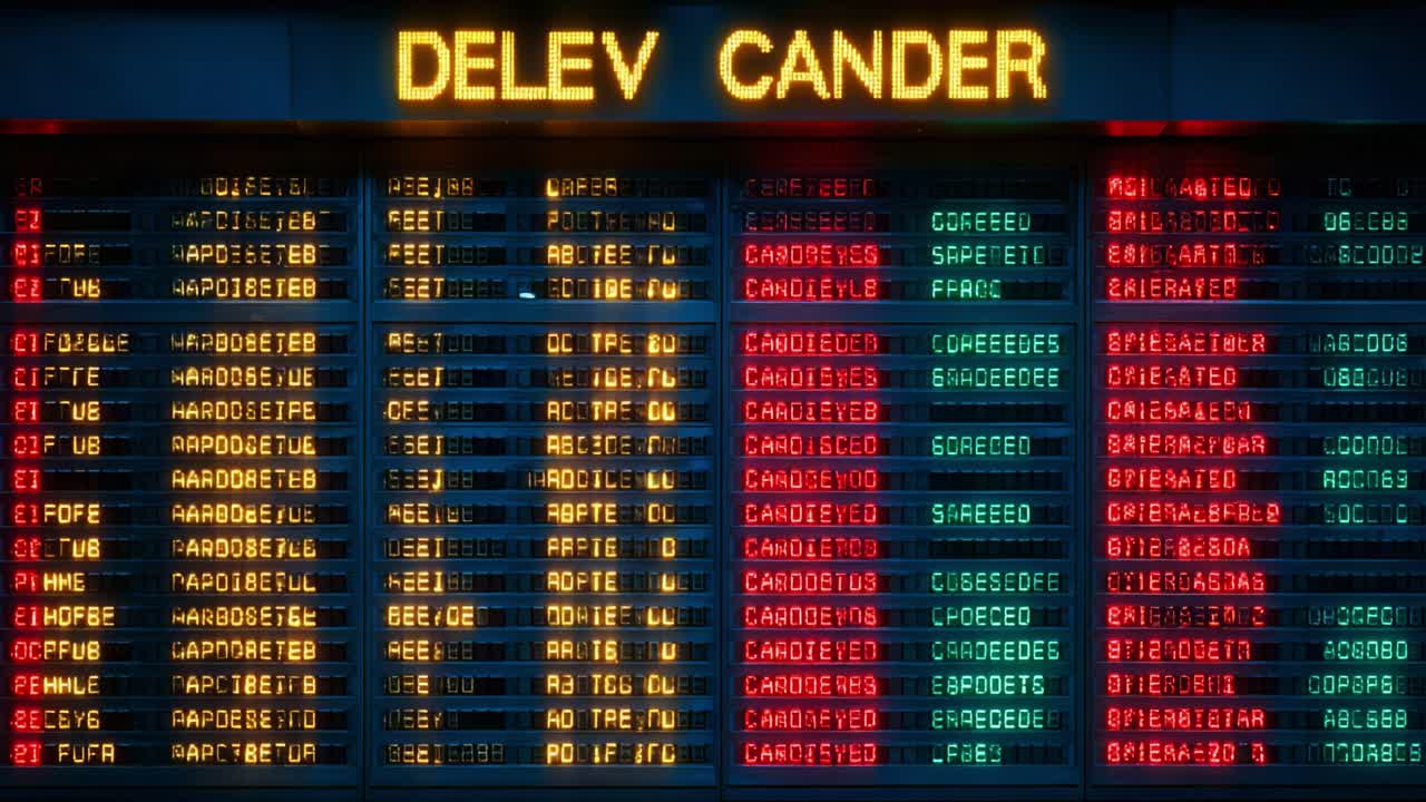 Digital Display Board Showing Flight Information with Departure and Arrival Times, Destinations, and Flight Status Updates in Bright Colorful LED Lights