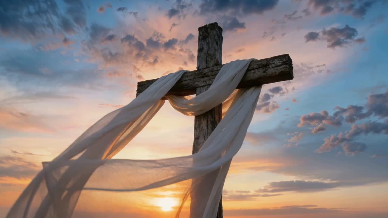 Wooden Cross Draped with White Fabric Against a Sunset Sky