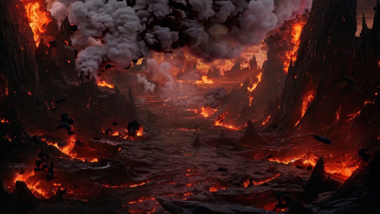 Eine dramatische Videoszene aus Untersicht einer feurigen Vulkanlandschaft mit dichtem Rauch und glühender Lava.