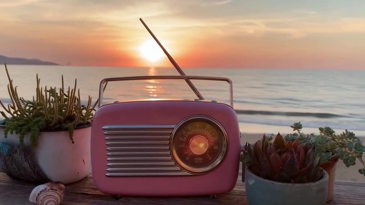 Radio rosa nostalgica su un tavolo di legno in riva all'oceano al tramonto