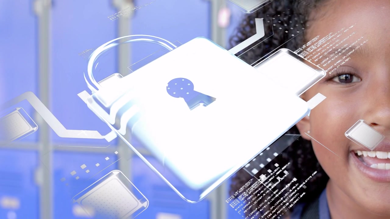 Girl smiling in school while hologram nodes appearing over face and animating lock for safety