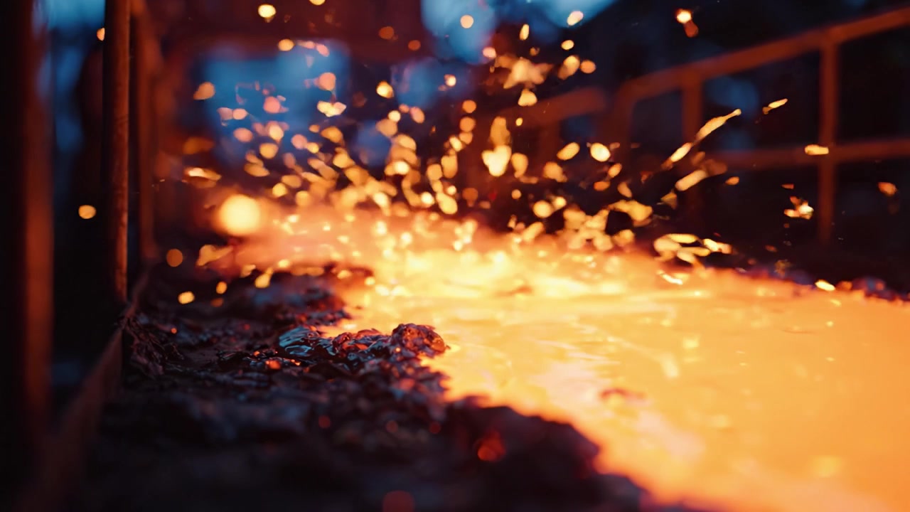 Flux captivant de métal en fusion dans un cadre industriel : un spectacle saisissant de chaleur et de lumière dans le processus de fabrication, capturé en images dynamiques