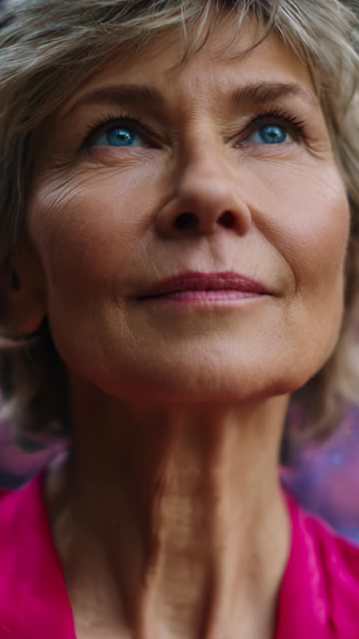 Captivating Close-Up of a Mature Woman with Sparkling Blue Eyes and a Thoughtful Expression, Evoking a Sense of Serenity and Wisdom