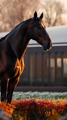 elegant brown horse standing in autumn fields at sunrise. a majestic brown horse stands gracefully amidst vibrant autumn foliage as the sun rises, creating a picturesque rural landscape.