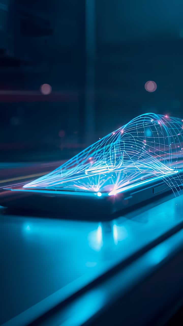 Video verticale: emettitori che pulsano dal telefono, proiettando un'onda a maglie che fluisce ciano-magenta sulla scrivania in studio