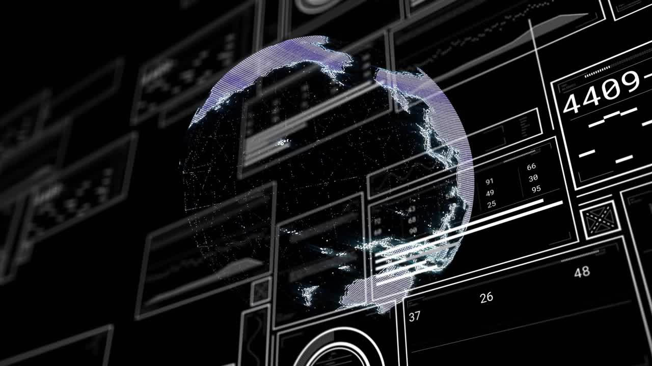 Violet globe emerging left rotating and tilting while UI panels sliding stats updating for insight