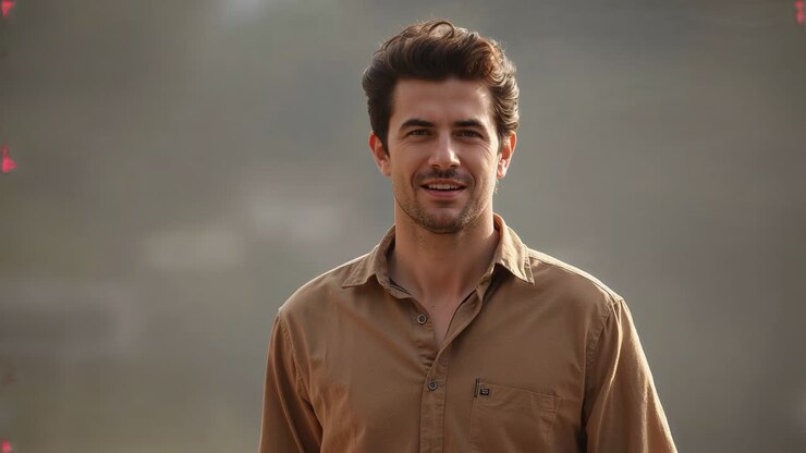 Uomo che inspira, inclina la testa all'indietro e poi abbassa lo sguardo in un ambiente esterno nebbioso, indossa una camicia marrone abbottonata