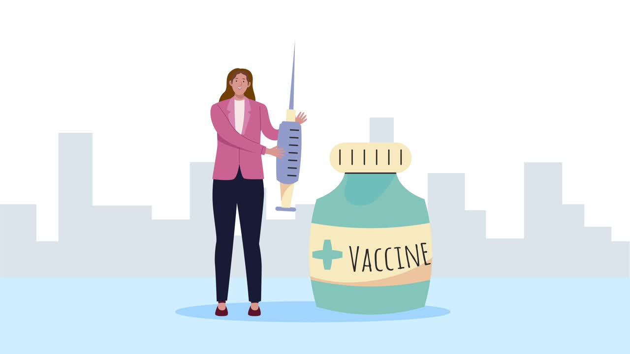 animación de la vacuna contra la covid-19 con una mujer levantando la inyección y el vial