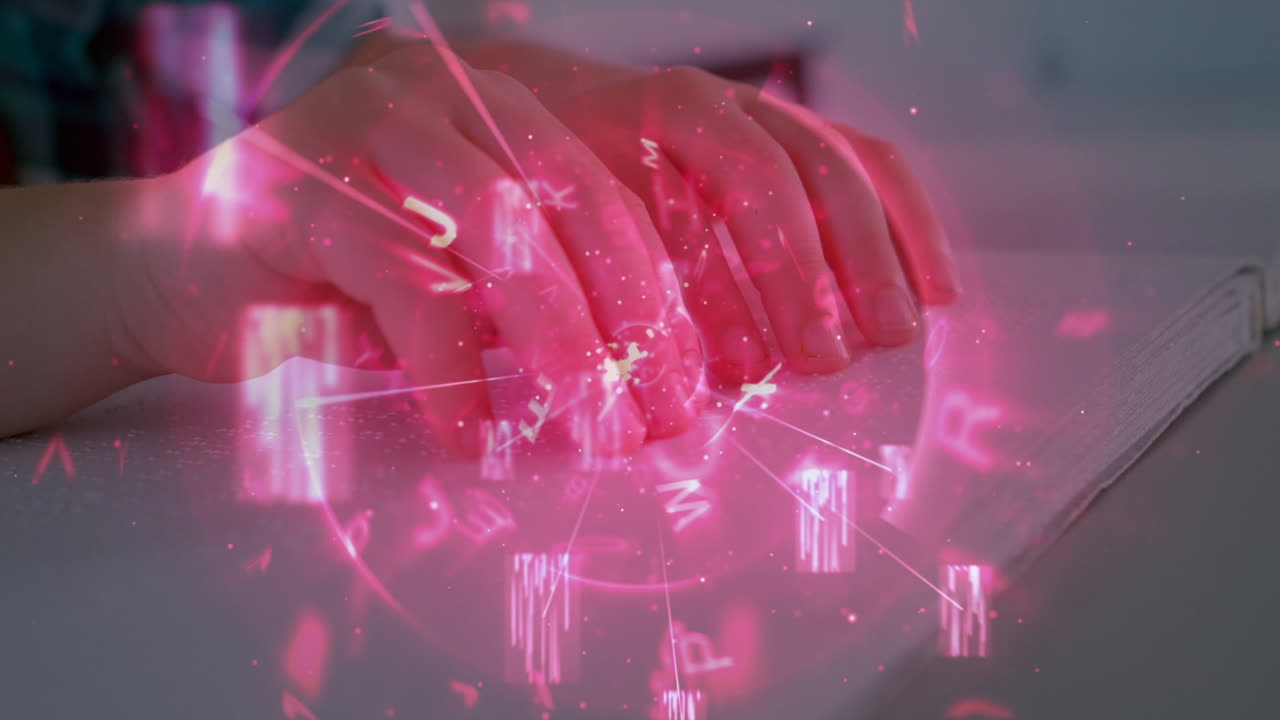 브라이엘 문자로 읽는 백인 남자의 손 위에 다양한 글자와 데이터의 애니메이션