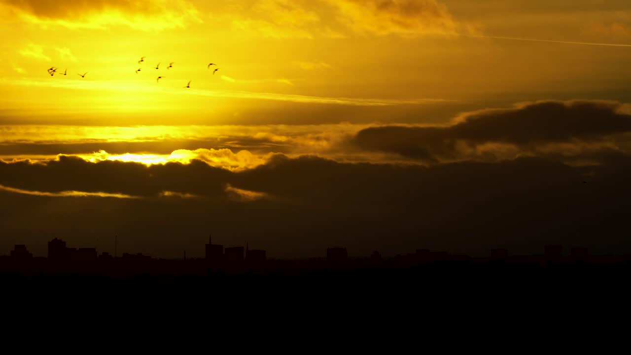 도시 풍경 도시 스카이 라인 coventry 영국 일몰 구름 새 비행 슬로우 모션 조감도