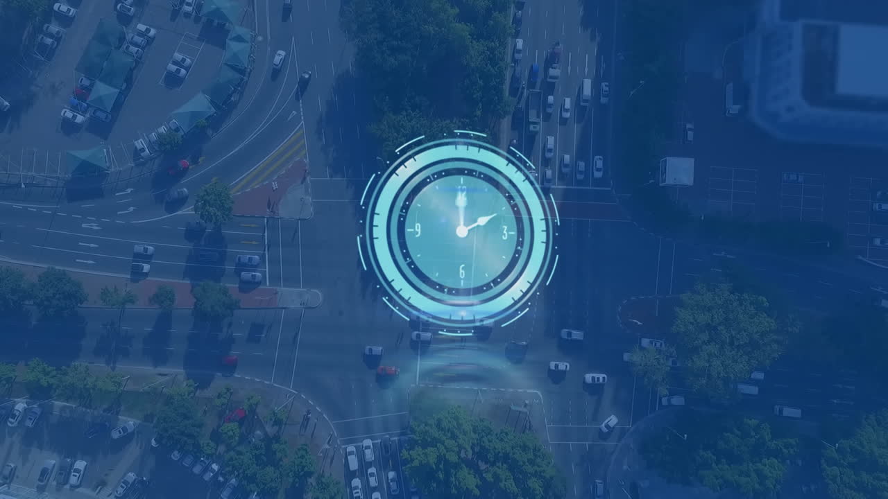 Animazione di un orologio che si muove velocemente su un paesaggio urbano