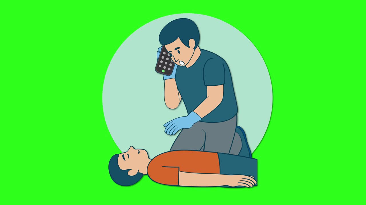 Man kneels beside unconscious person, calls emergency services, animation with green screen background