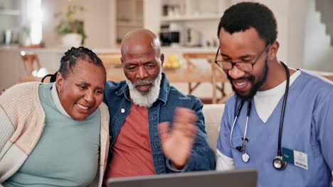 Video-call,-laptop-and-doctor-with-senior-couple