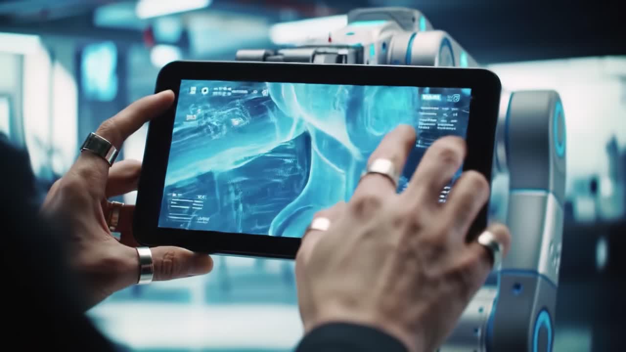 In a state-of-the-art workspace, an individual manipulates a touchscreen displaying a robotic arm's design. The atmosphere features advanced technology and innovative tools.