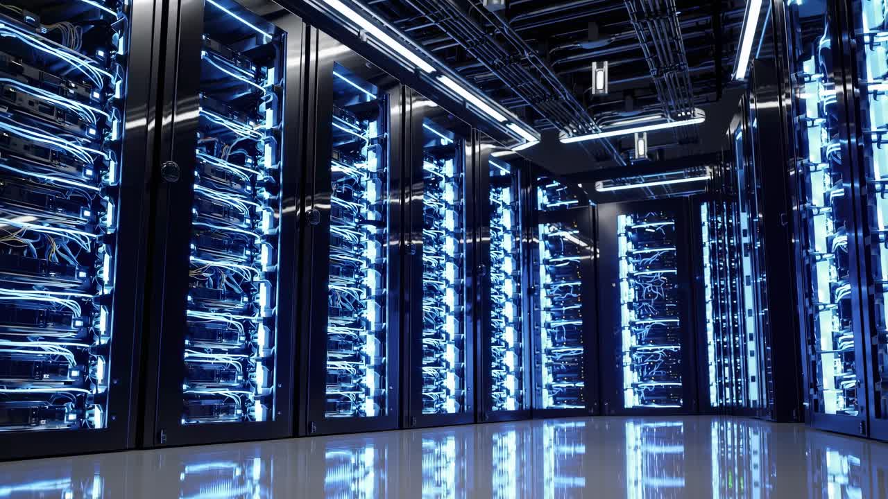 Wide-angle shot of a futuristic server room with glowing blue lights, showcasing advanced