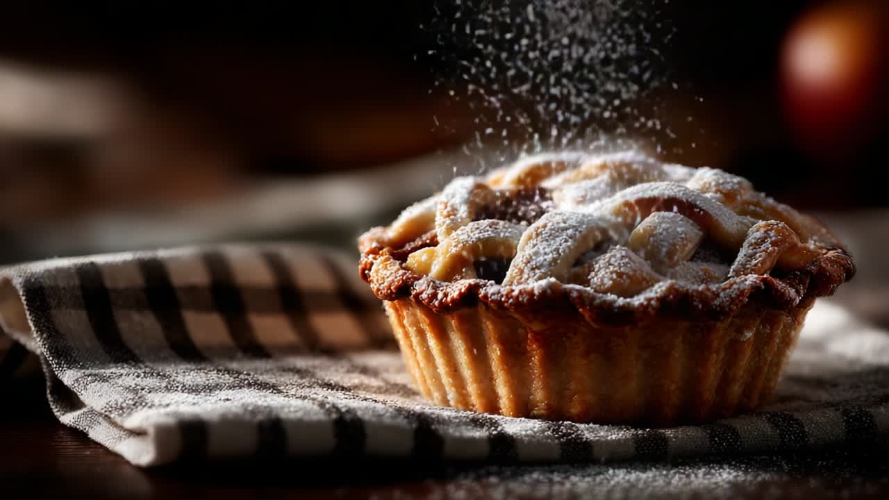 Deliciously Baked Apple Pie with a Flaky Crust and a Generous Dusting of Powdered Sugar Showcased on a Checkered Cloth, Exuding Warmth and Comfort in a Cozy Kitchen Setting