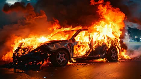 a car is engulfed by flames on the side of the road