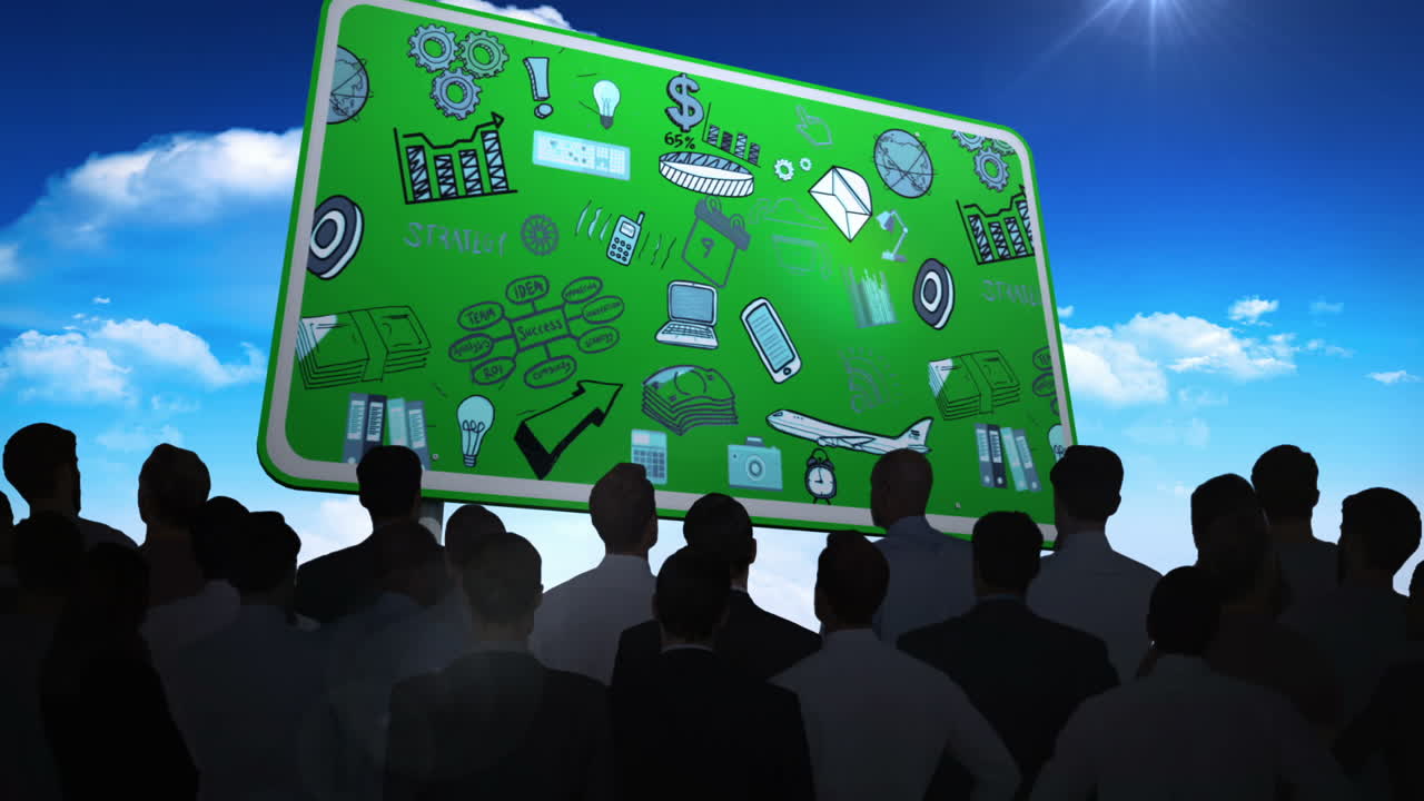 광고판에서 브레인 스토밍을 보는 사업가들