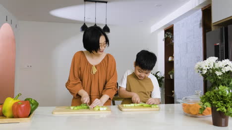 mom and boy cutting leek.