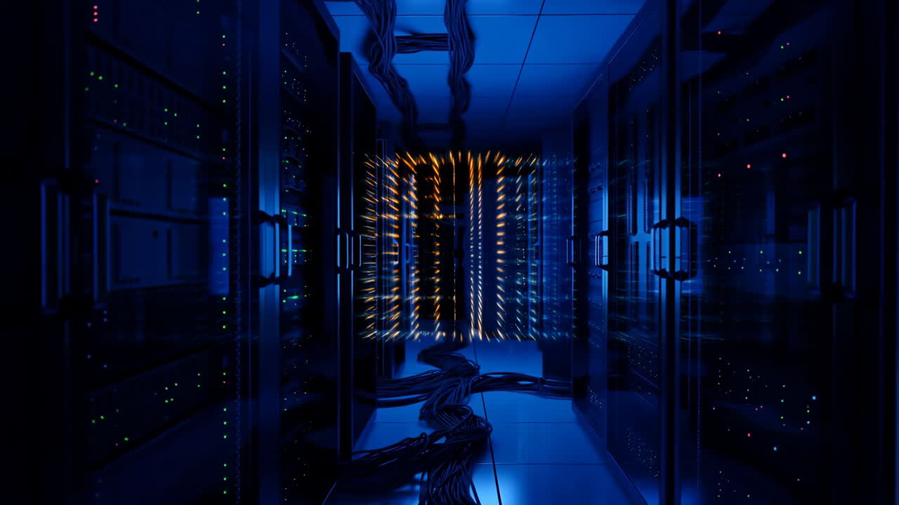 Server Room with Racks and Glowing Lights